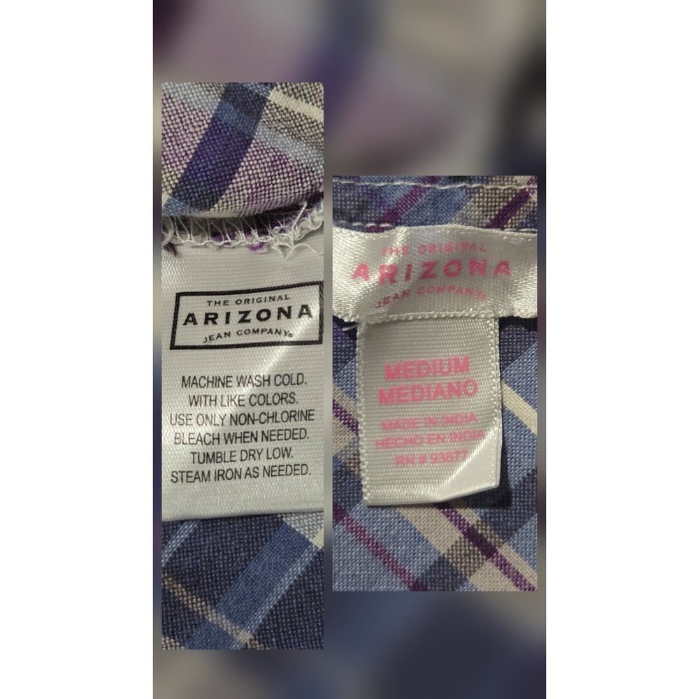 Arizona Jean Co Y2K Women's M Blue Purple White Plaid Shirt Frayed Snap Buttons - Picture 7 of 8